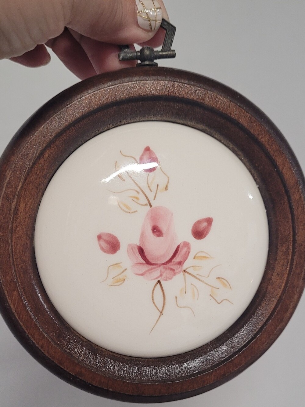 Vintage Hand-Painted Pink Rose Ceramic Wall Art with Wood Frame